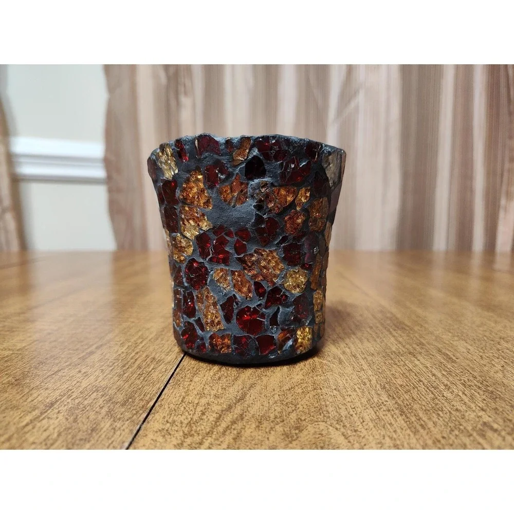 Handmade Pumpkin Spice Scented Candle In Vintage Mosaic Glass Vessel